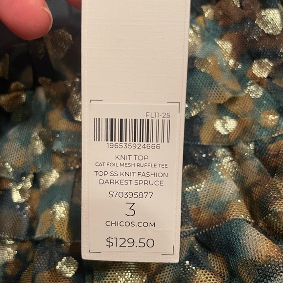 CHICO'S NWT $129.50 Foil Mesh Ruffle Cropped Top Gold Spruce Blouse Size 3 (XL) - Picture 8 of 11